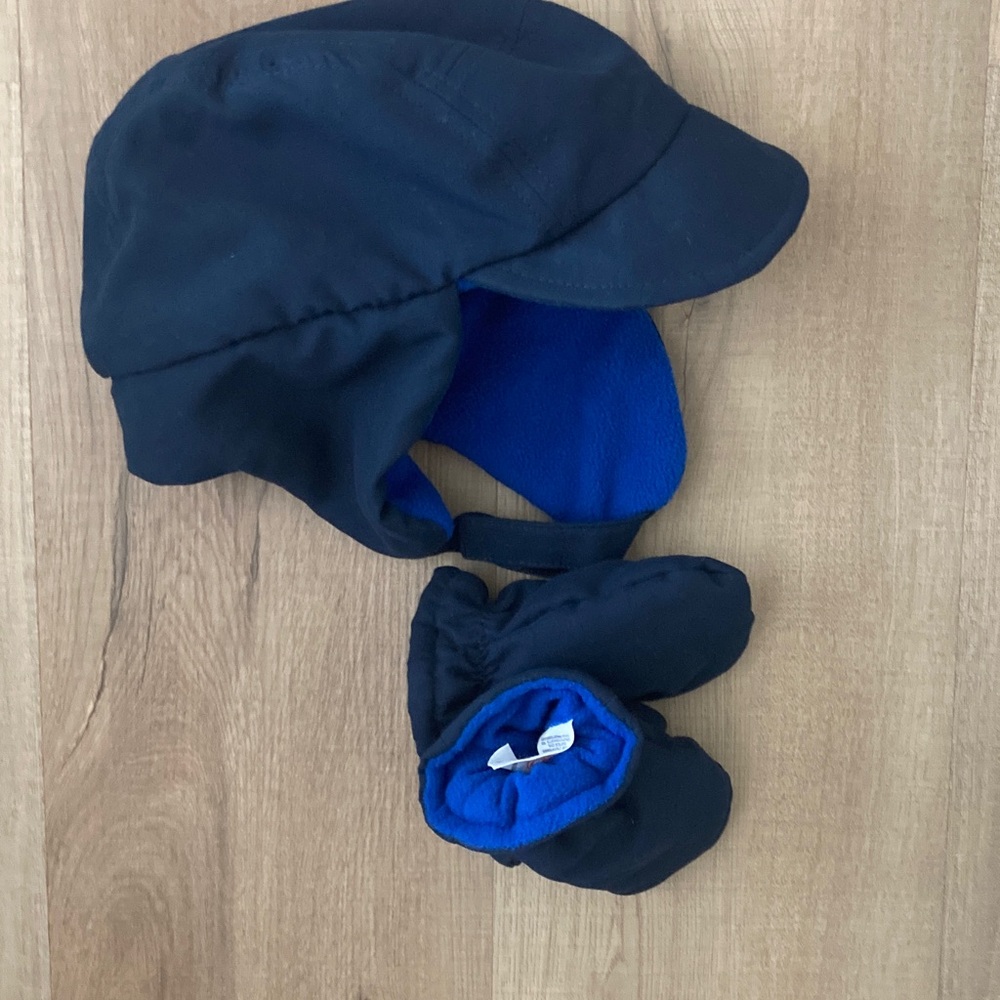 Kids Navy Blue Winter Hat and Mittens Set